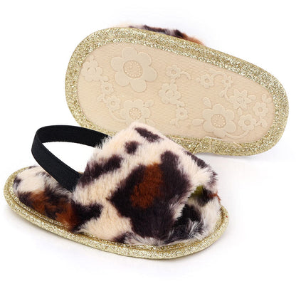 2 Pack Infant Baby Girls Sandals Elastic Back Strap Flats Slippers Soft Toddles Princess Shoes Faux Fur Slides Shoes First Walker House Shoes