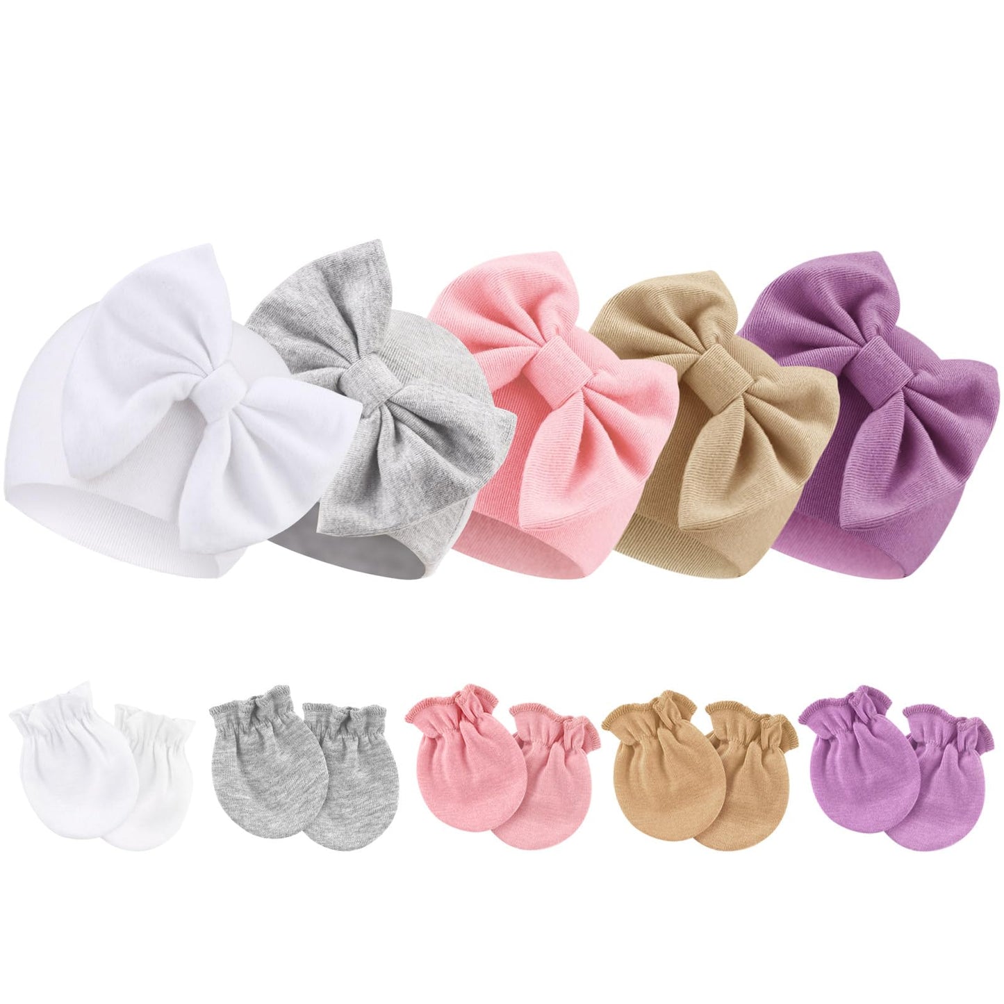BQUBO Newborn Baby Girls Hats Mittens Set Hospital Hat Beanie Infant Bow Hats Baby Cotton Gloves for 0-6 Months