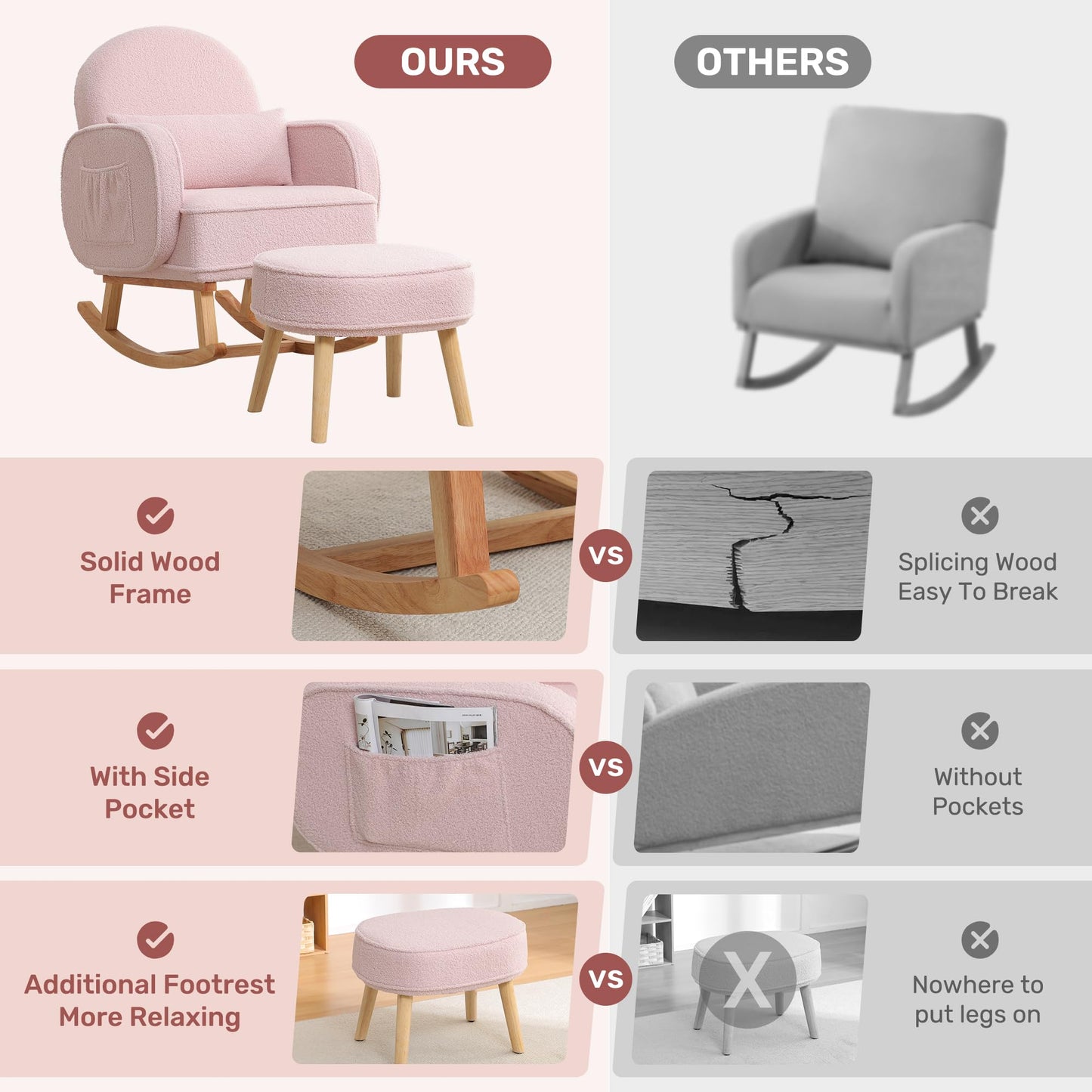 Rocking Chair with Ottoman, Upholstered Glider Rocker with High Backrest and Side Pocket, Rocking Accent Armchair with Solid Wood Legs for Nursery, Living Room, Bedroom Green