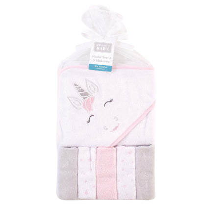 Hudson Baby Unisex Baby Hooded Towel and Five Washcloths, Modern Giraffe, One Size