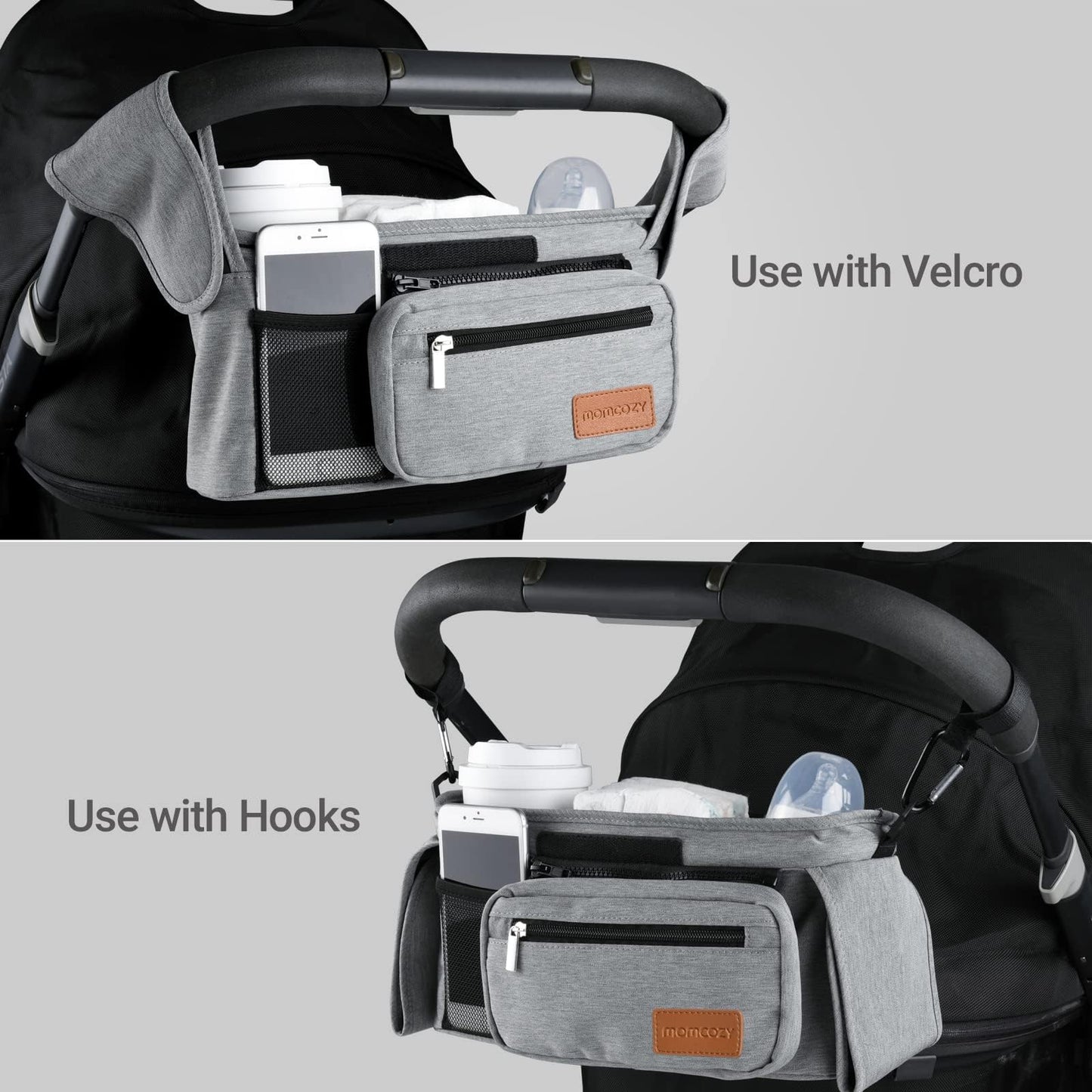 Momcozy Universal Stroller Organizer, 2 Insulated Cup Holders, Removable Zip Pocket, Adjustable Straps, Large Capacity Baby Essentials Compact Design, Fits Any Stroller (Multicolor)