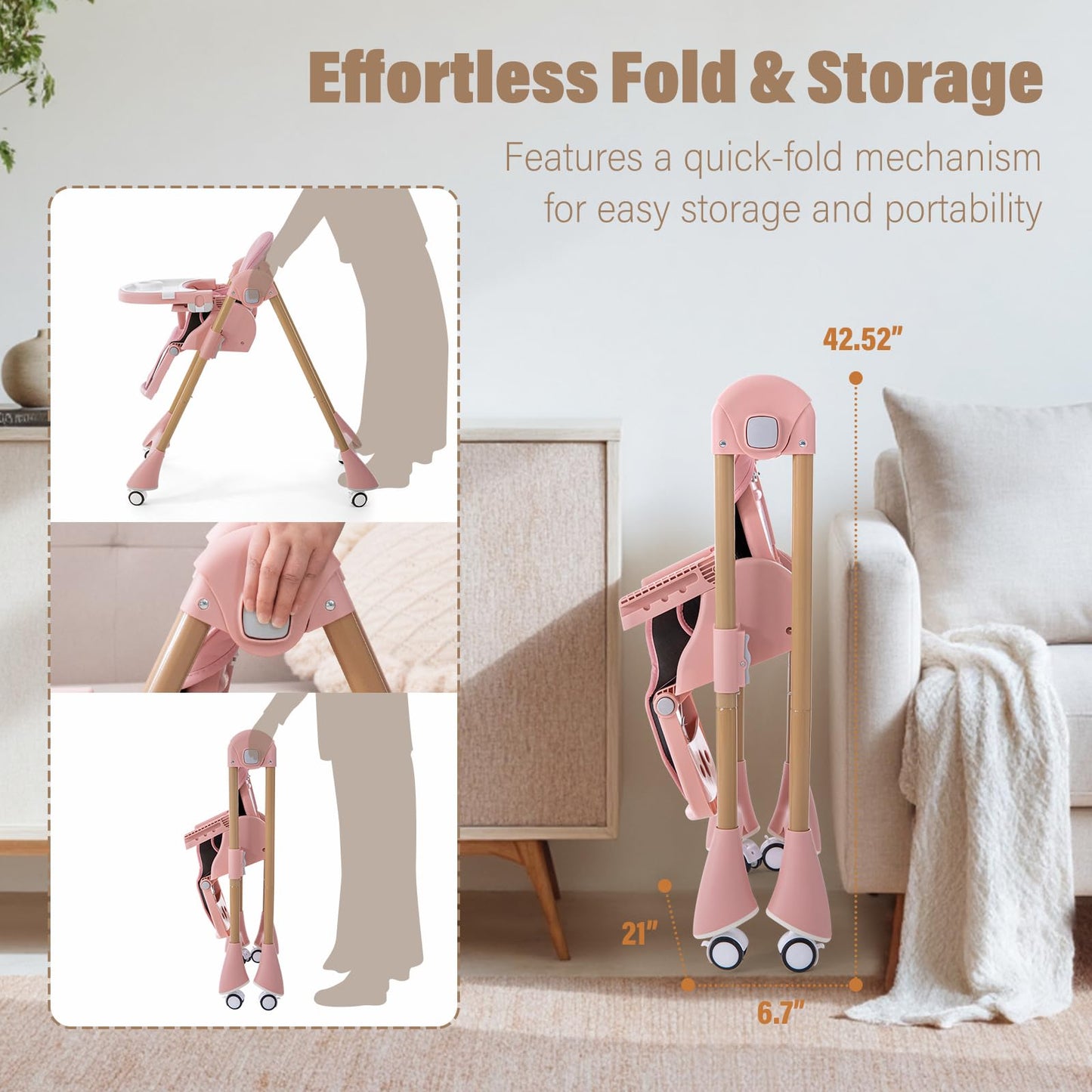 Portable High Chairs for Babies and Toddlers, 3-in-1 Foldable High Chair, Adjustable Height & Recline Baby Feeding Chair with Removable Tray, Adjustable Backrest, Pedal & Lockable Wheels Pink
