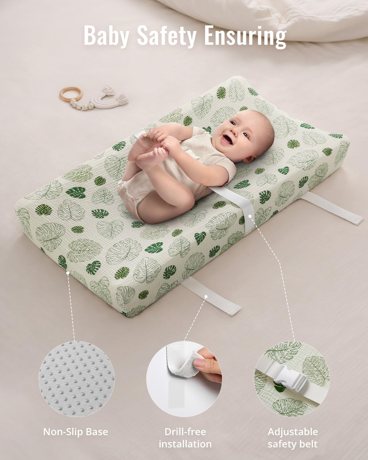 Blissful Diary Muslin Baby Changing Pad with Waterproof Lining Foam, Diaper Changing Table Pad with Cover for Dressers (Monstera, Avocado)