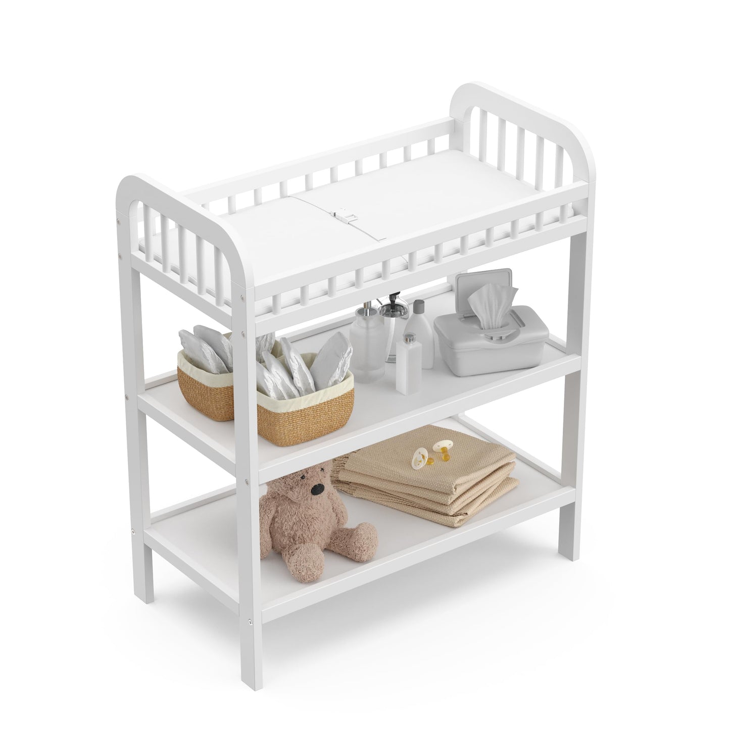 Storkcraft Pasadena Changing Table with Water-Resistant Changing Pad (Driftwood) - GREENGUARD Gold Certified, Includes Bonus Water-Resistant Changing Pad with Safety Strap, 2 Open Shelves