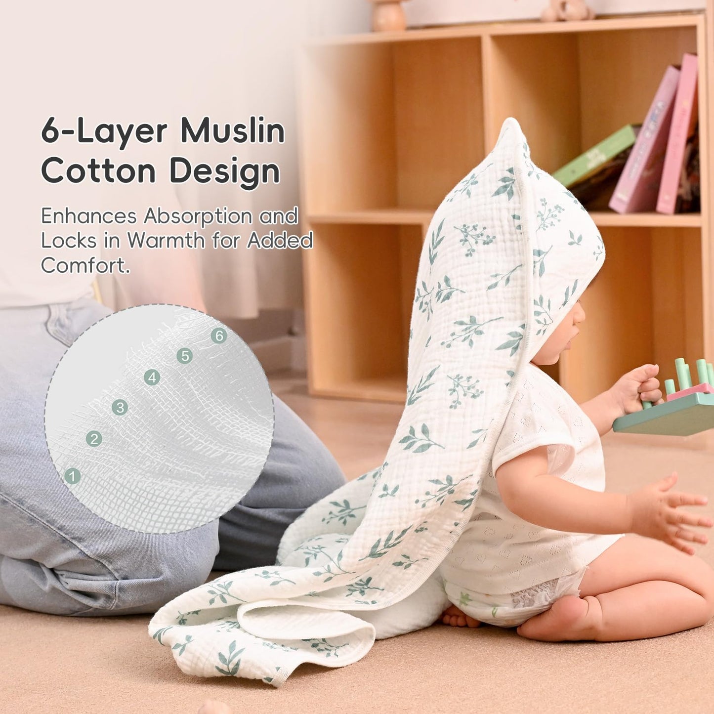 PHF 2 Pack Baby Hooded Towels, 100% Muslin Cotton Baby Bath Towel with Hood for Newborn, Infant, Toddler, Ultra Soft and Absorbent Baby Essentials Bath Towels for Girls, 32x32Inch, Floral