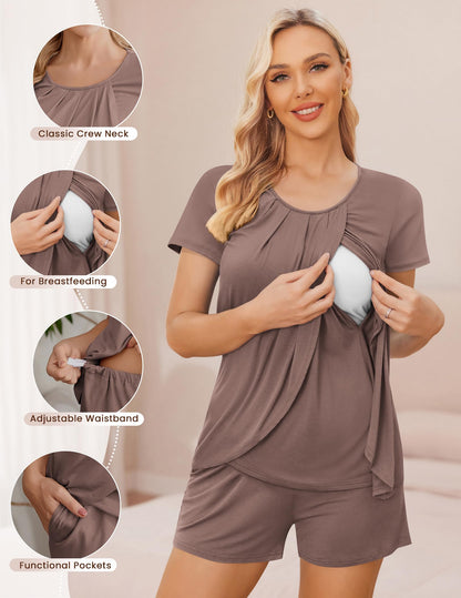 Ekouaer Women's Maternity Nursing Pajamas Set Breastfeeding Sleepwear Double Layer Short Sleeve Top & Shorts Nursing Pjs