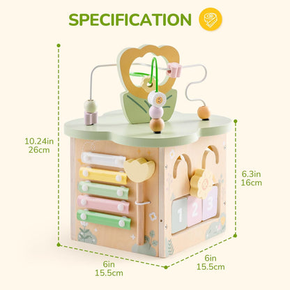 ROBUD Wooden Activity Cube, Educational Wooden Toys with 7 Functional Areas, Montessori Toys for 1+ Year Old Boys & Girls, Flower Bush Theme