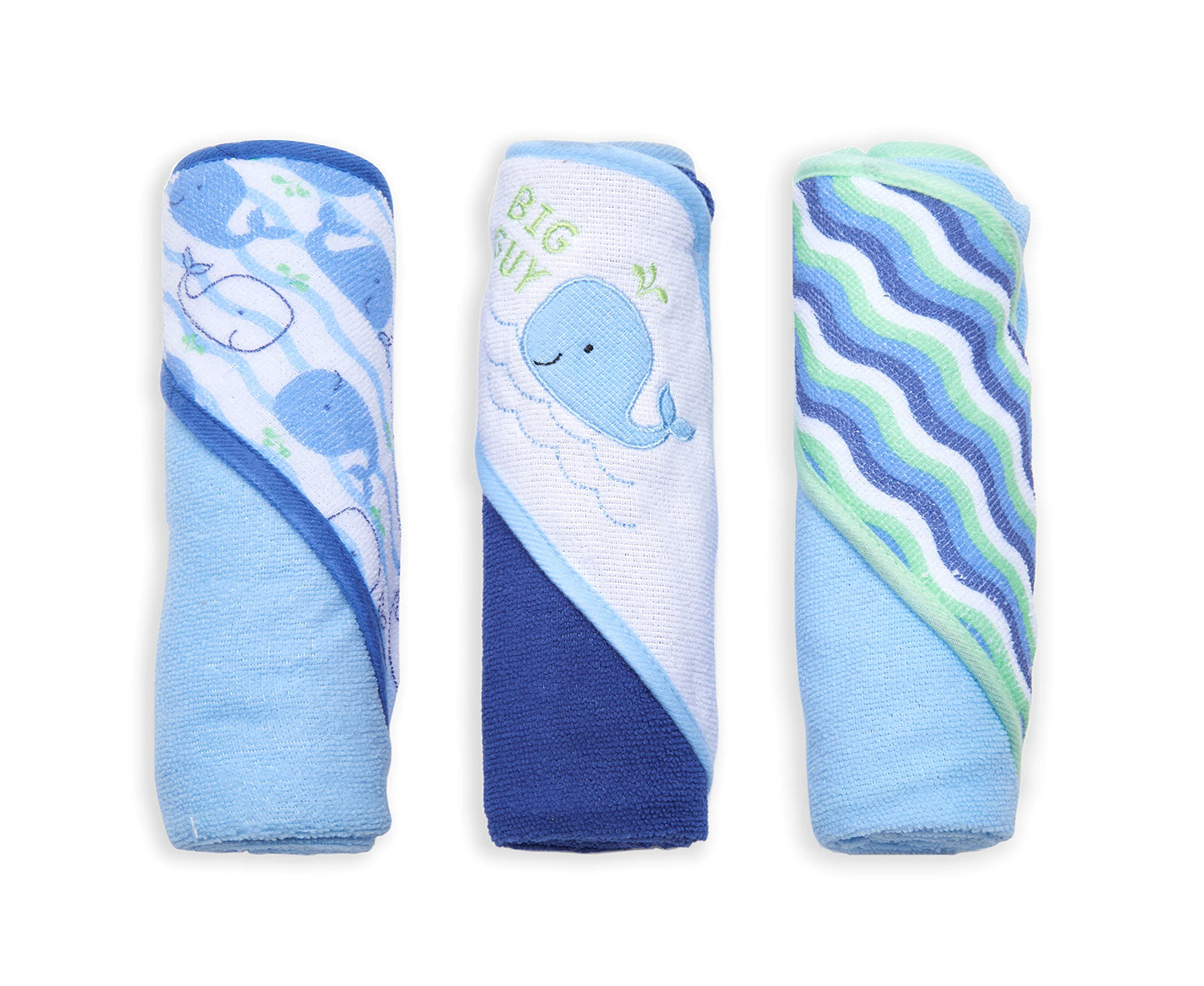 Buttons & Stitches Boy's 3-Pack Blue Whale Hooded Baby Towels, 26x30 Inches