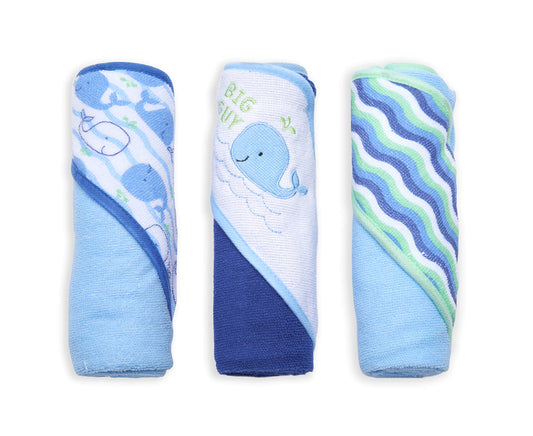 Buttons & Stitches Boy's 3-Pack Blue Whale Hooded Baby Towels, 26x30 Inches