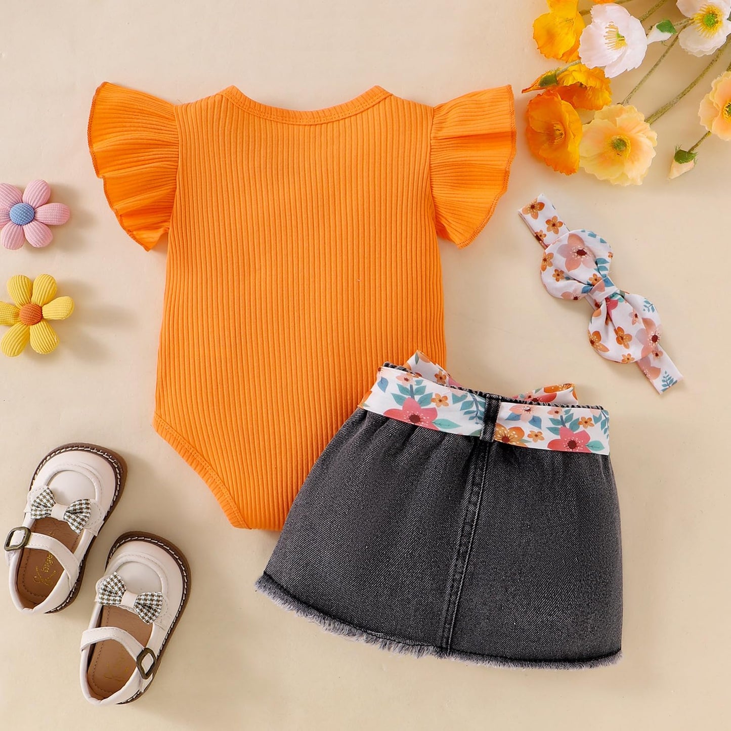 Baby Girl Clothes Newborn Romper Ruffle Sleeve Short Jeans Skirt with Headband Infant Outfits Set 0-18 Months
