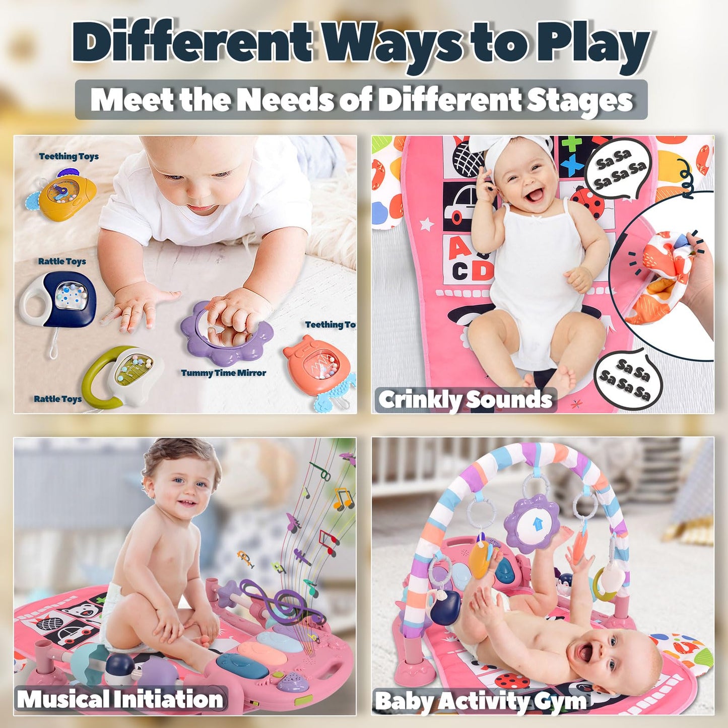 Baby Play Gym for 0-6 Months, High Contrast Tummy Time Mat, Kick and Play Piano, Music and Lights, Newborn Gifts for Girls, Pink