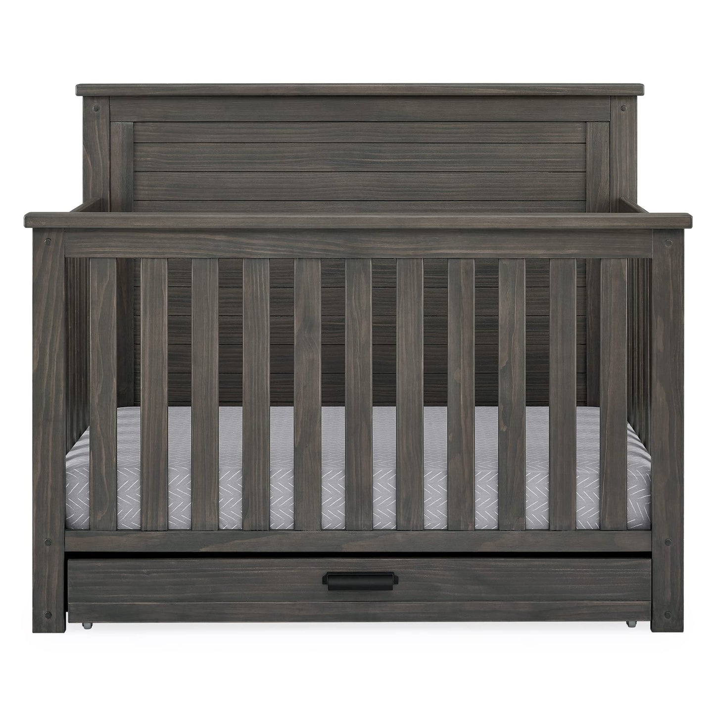 Delta Children Simmons Kids Caden 6-in-1 Convertible Crib with Trundle Drawer, Greenguard Gold Certified, Rustic Mist