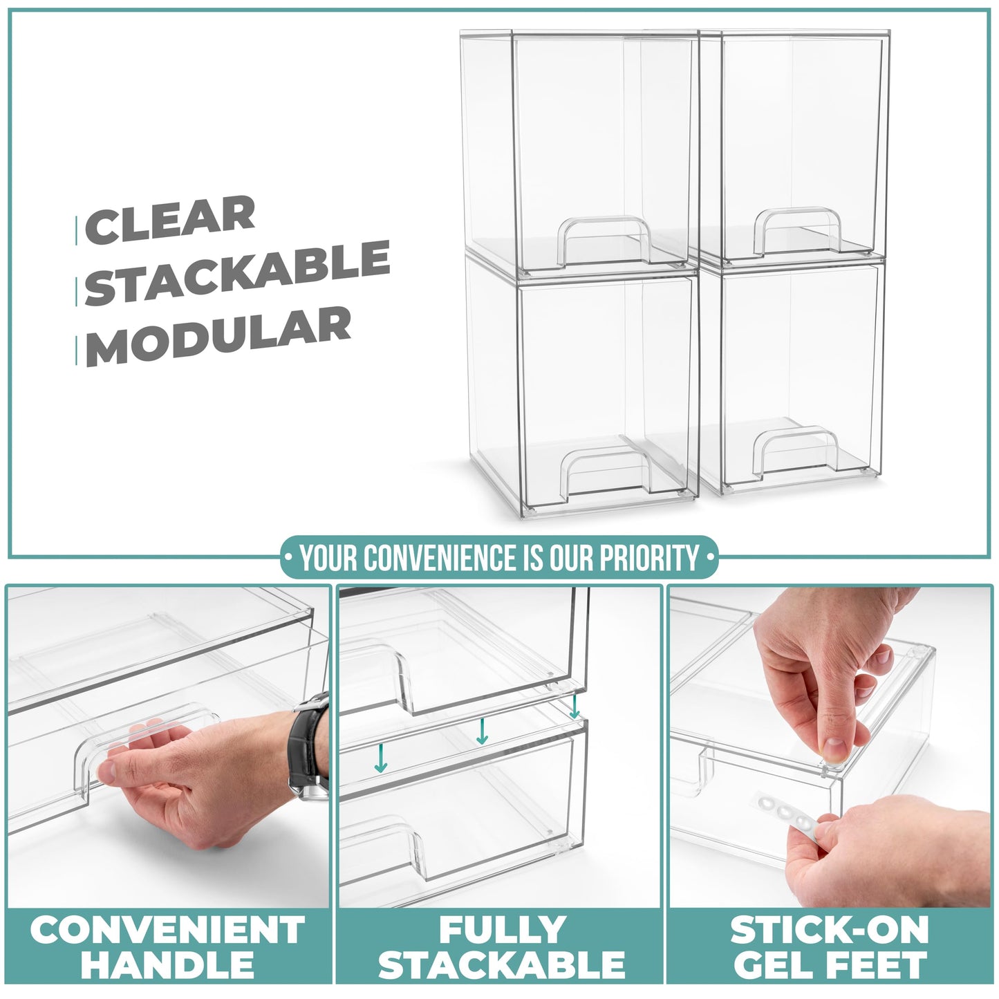 Sorbus Acrylic Storage Containers - 2 Pack, Stackable Storage Bins Set for Bathroom Organization - Clear Acrylic Drawer Organizers - Makeup Case Pull-Out Drawers (7.6’’ and 4.4’’ Tall)
