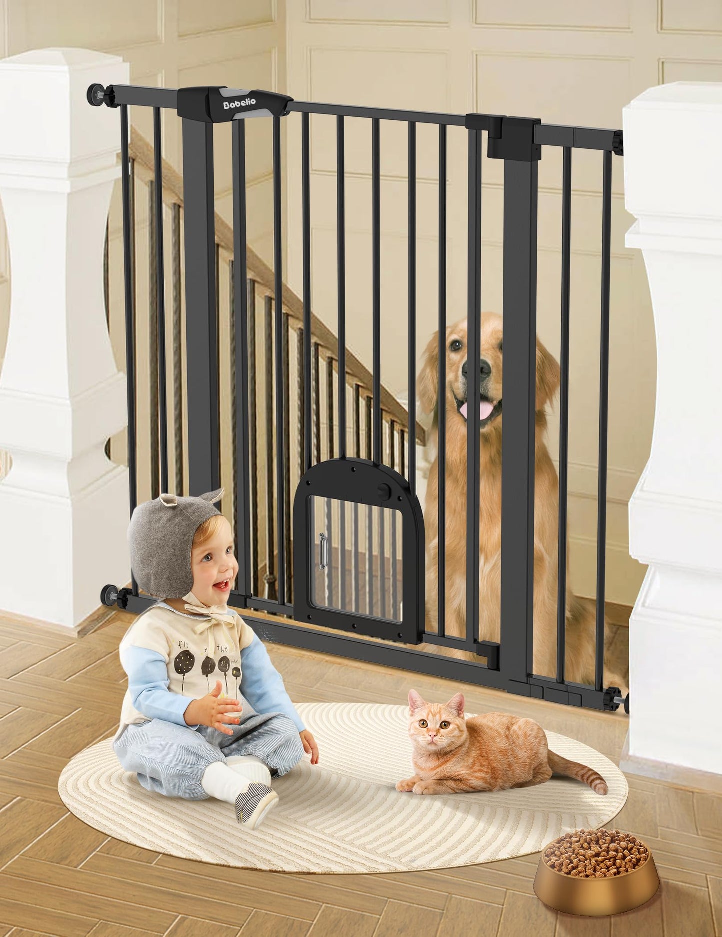 Babelio Upgraded Baby Gate with Cat Door, 29-43" Auto Close Durable Dog Gate for Stairs, Doorways and House, Easy Walk Thru Safety Gate with Pet Door Includes 4 Wall Cups, Black