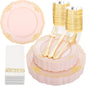 Ciaell 175 PCS White and Gold Plastic Plates - Fancy Gold Disposable Dinnerware Set with of 25 Dinner Plates, 25 Salad Plates, 25 Knives, 25 Forks, 25 Spoons, 25 Cups, 25 Napkins for Weddings Party