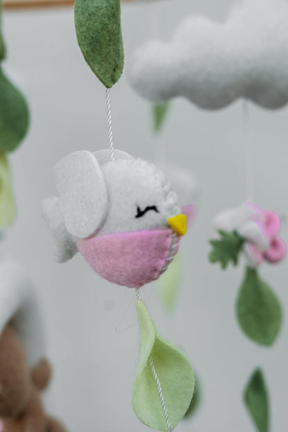 Girl Teddy Bear Mobile for Crib, Felt Ball Mobile Bear Crib Mobile Pink Bear Baby Shower, Gift Baby Nursery Decor Kids Mobile, Bear Stars Bird Mobile Mobile arm is NOT Included