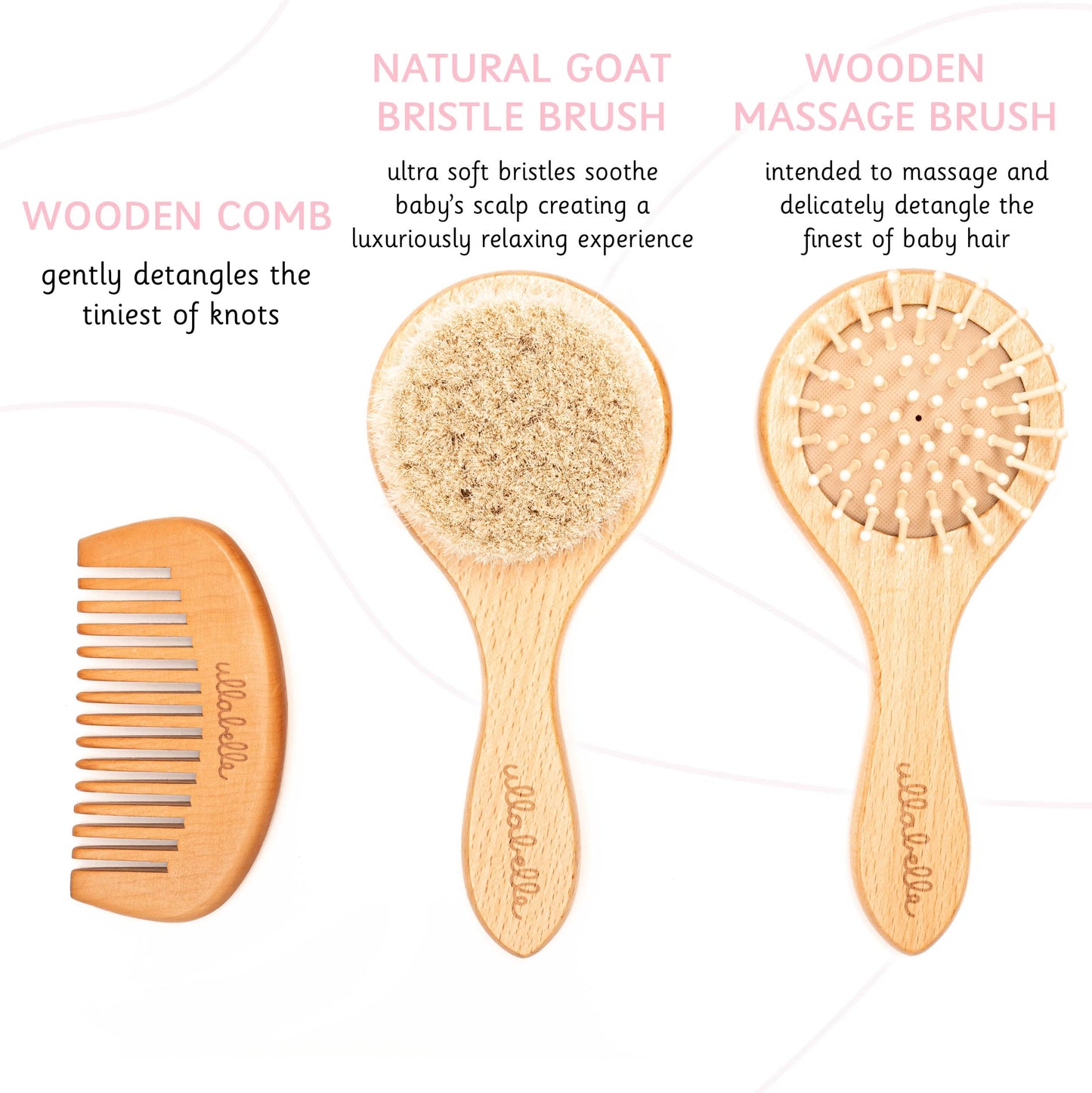 4 Piece Wooden Baby Hair Brush and Comb Set for Newborns & Toddlers in Chic Gift Box - Ultra Soft Natural Goat Hair and Wood Baby Brush Set Prevents Cradle Cap - Perfect Registry Gift (Pink)