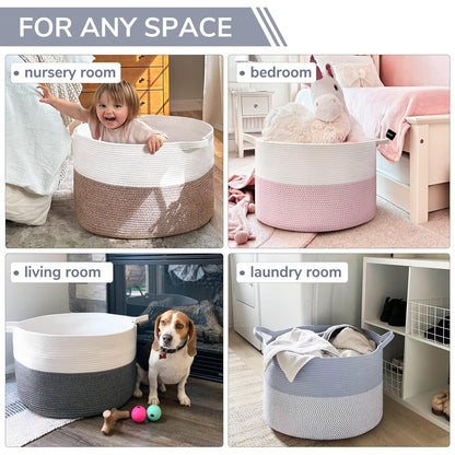 INDRESSME XXXLarge Cotton Rope Basket 21.7" x 21.7" x 13.8" Woven Baby Laundry Blanket Basket Toy Baskets with Handle Storage Comforter Cushions Thread Laundry Hamper