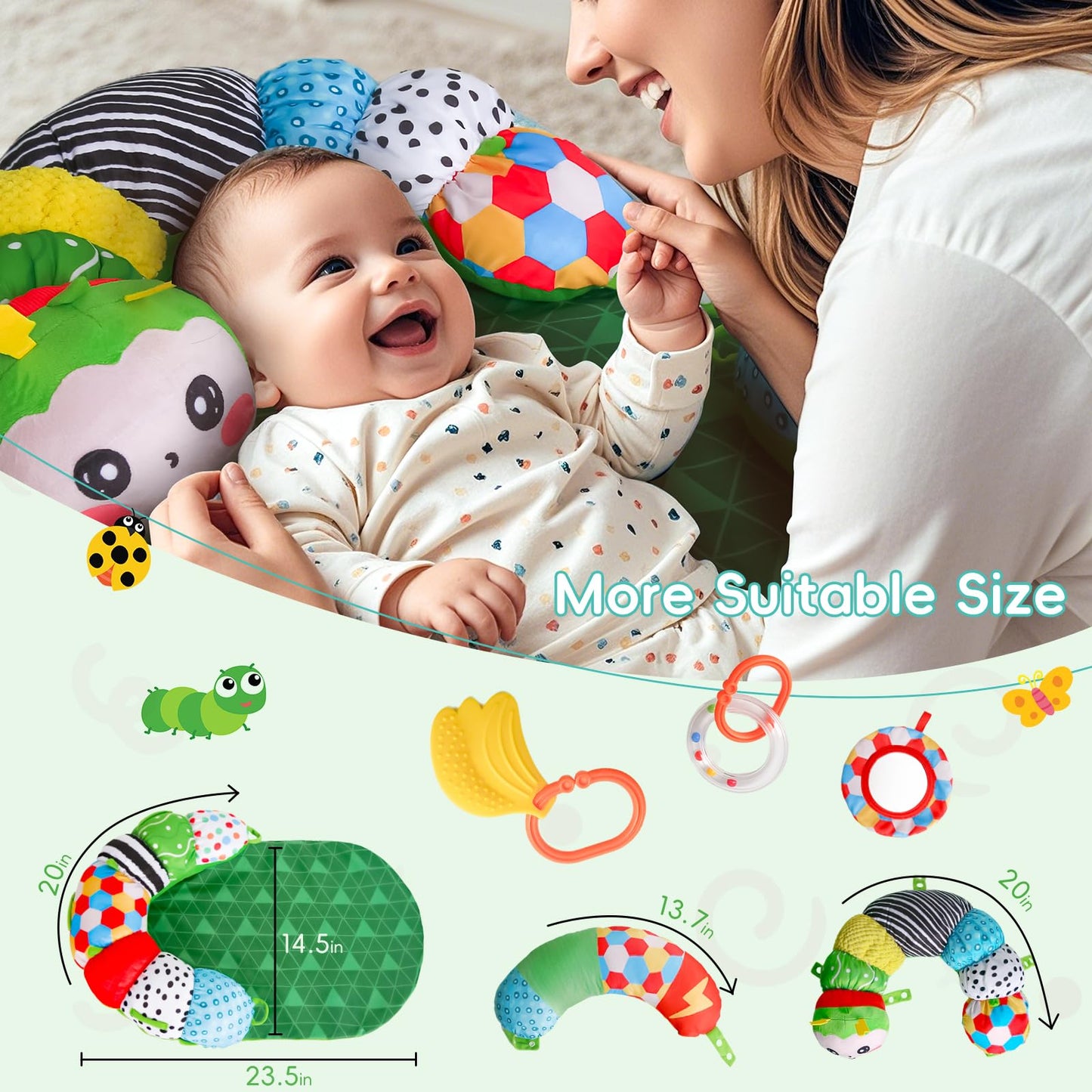 3-in-1 Tummy Time Pillow for Baby 0-6 Months, Detachable Caterpillar Tummy Time Playmat for Newborns, Soft Baby Toys 0-3-6-12 Months, Play Mat for Babies Boy Girl