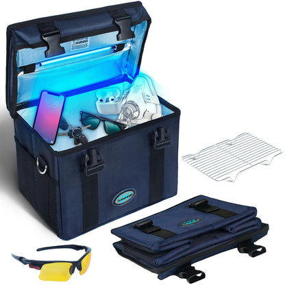 UV Light Sanitizer Box, Portable Foldable Cleaner and Sanitizing Machine with 3-level Timer, UV Cleaner Bag for Toys, Key, Towel, Mask Cleaning Machine USB & Wall Plug-in Charging Blue 12L Ozone-Free