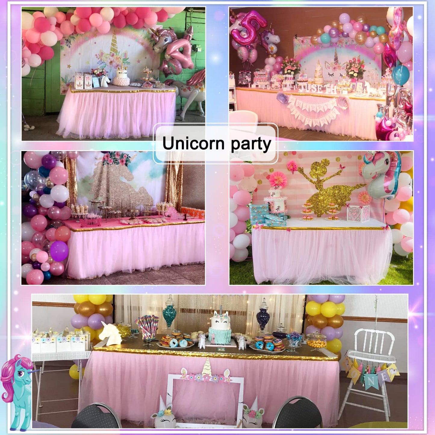 HB HBB MAGIC Pink Table Skirt Tulle Tutu Table Skirt for Rectangle Tables 6ft Girl Birthday Party Baby Shower Unicorn Decorations
