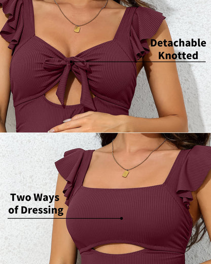 Charmo Ruffle Maternity Bathing Suits for Women Ribbed Tie Knot Maternity Swimsuit Cutout Ruched Pregnancy Swimwear