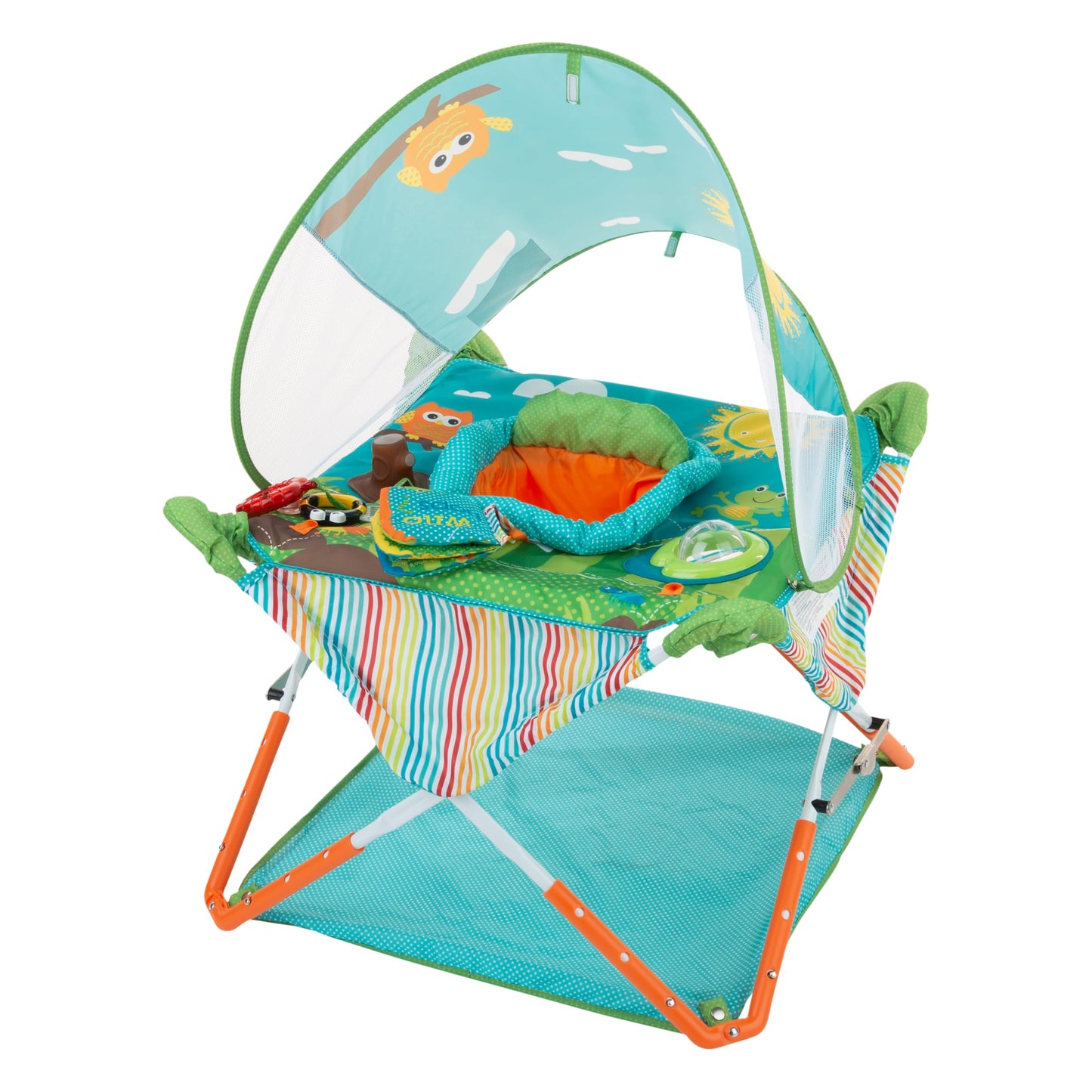Bright Starts Pop 'N Jump Portable Activity Jumper, Indoor/Outdoor Use, Owl Forest with 4 Sensory Toys, Ages 6-12 Months