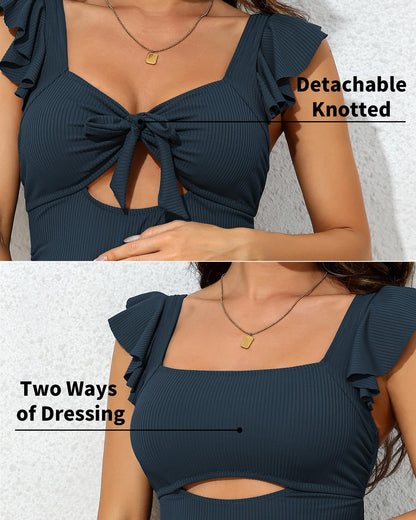 Charmo Ruffle Maternity Bathing Suits for Women Ribbed Tie Knot Maternity Swimsuit Cutout Ruched Pregnancy Swimwear