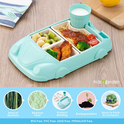 Car Plate 8Pcs/Set Bamboo Children Dinnerware Sets - Dishwasher/Microwave Safe Includes Cutlery, Beautiful Plate, Separable Bowls & Cup Happy MealTime, Light Green, YK-001