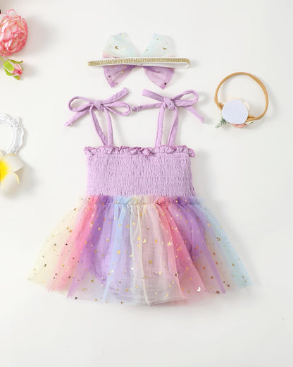 Renotemy Baby Girl Tulle Dress Sleeveless Romper Smocked Halter 1st Birthday Clothes Cake Smash Outfits with Flower Headband