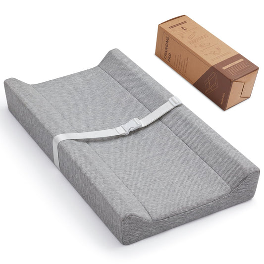 Blissful Diary Baby Changing Pad with Waterproof Lining Foam, Includes a Soft & Washable Cover, Contoured Changing Table Pads for Dresser Top with Non-Slip Bottom, 32”×16” (Grey, Avocado)