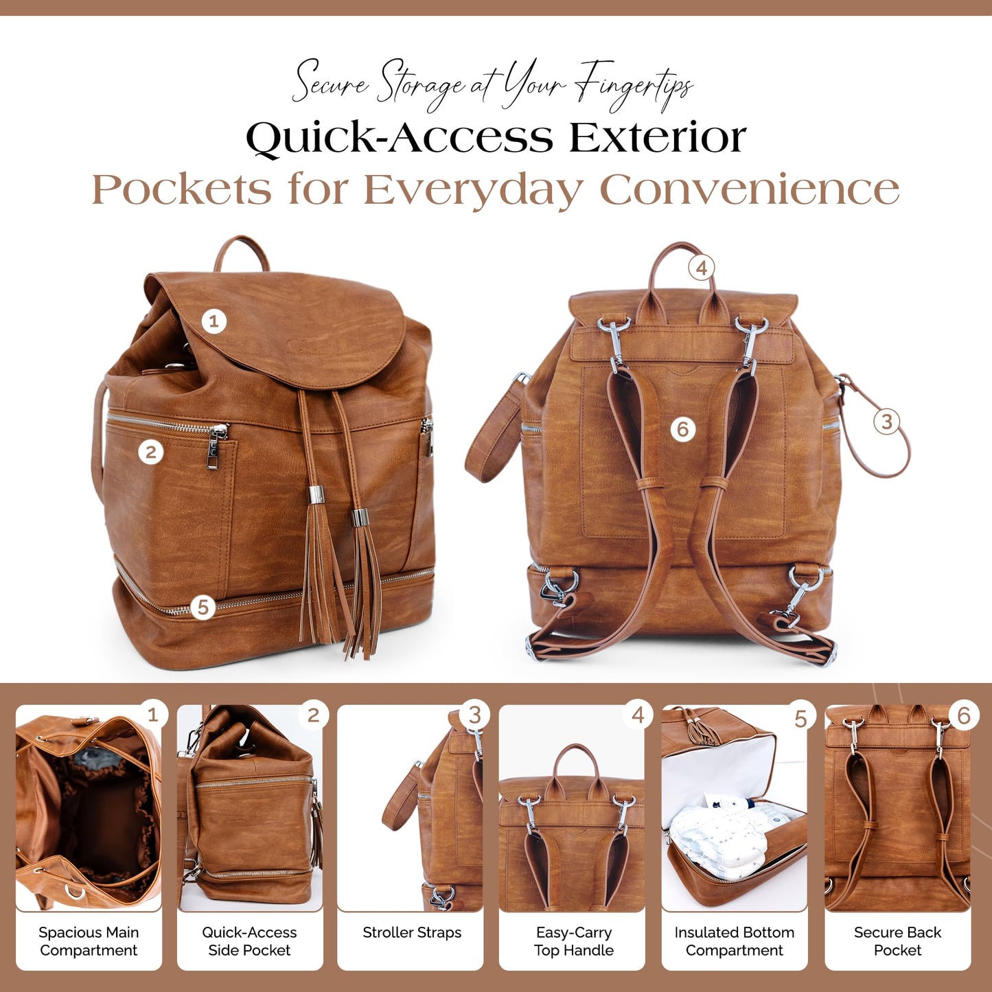 Citi Collective Journey Pearl Vegan Leather Diaper Bag Backpack | Elegant, Multifunctional, Travel Diaper Bag with Changing Pad, Stroller Straps & Insulated Bottle Pockets.