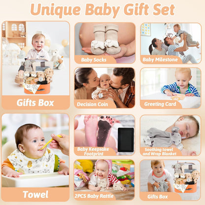 11 Pcs Baby Shower Gifts Basket for Newborns Baby Boy Gender Neutral Baby Gift Set with Baby Blanket Rattle, Milestone Security Blanket Decision Coin & Towels Socks Essentials for Baby Boys Girls