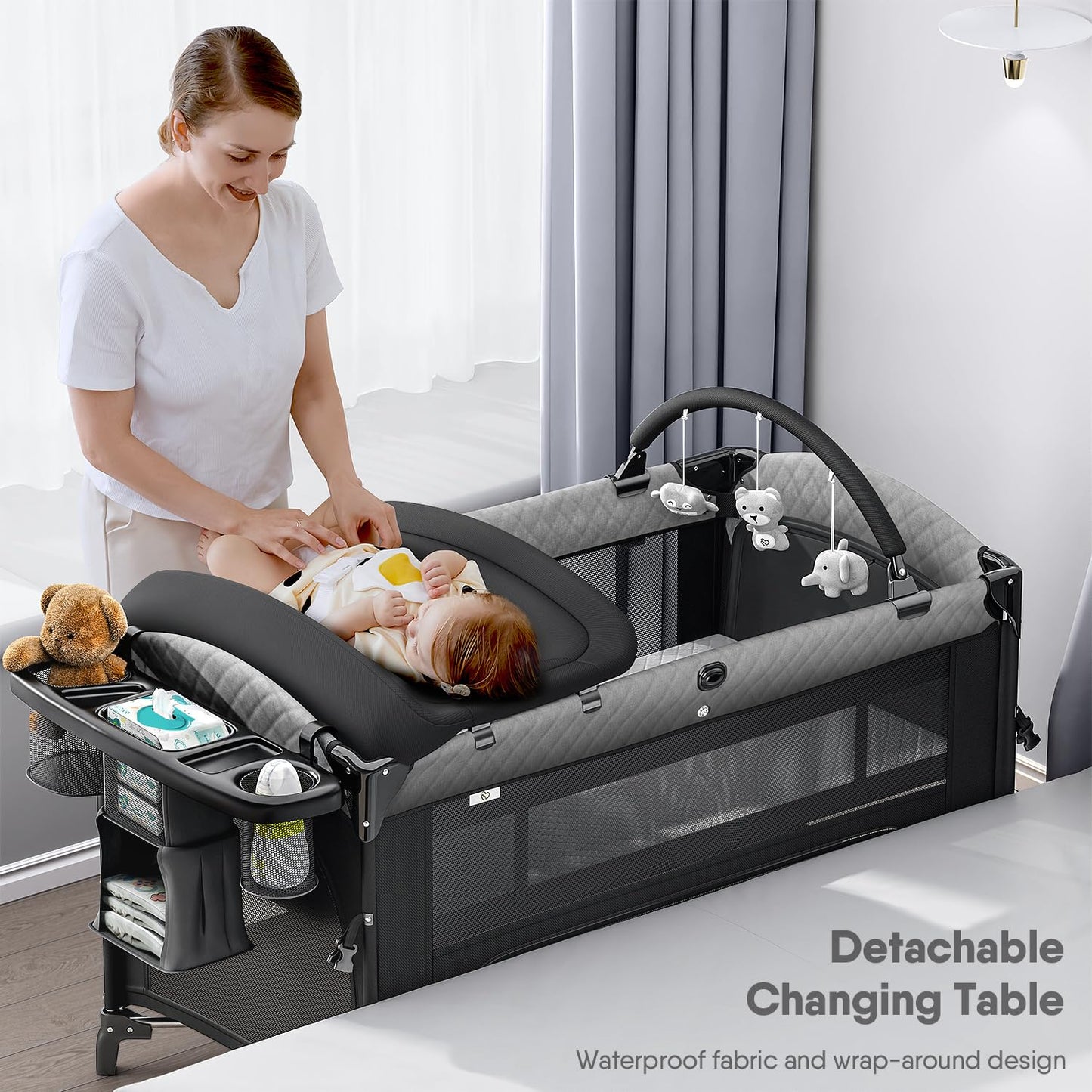 4 in 1 Baby Bassinet, Pack and Play, Bedside Crib Sleeper, Diaper Changer - Comes with Mattress, Mosquito Net，Bottom Storage and Toy Bar for Newborn to Toddles