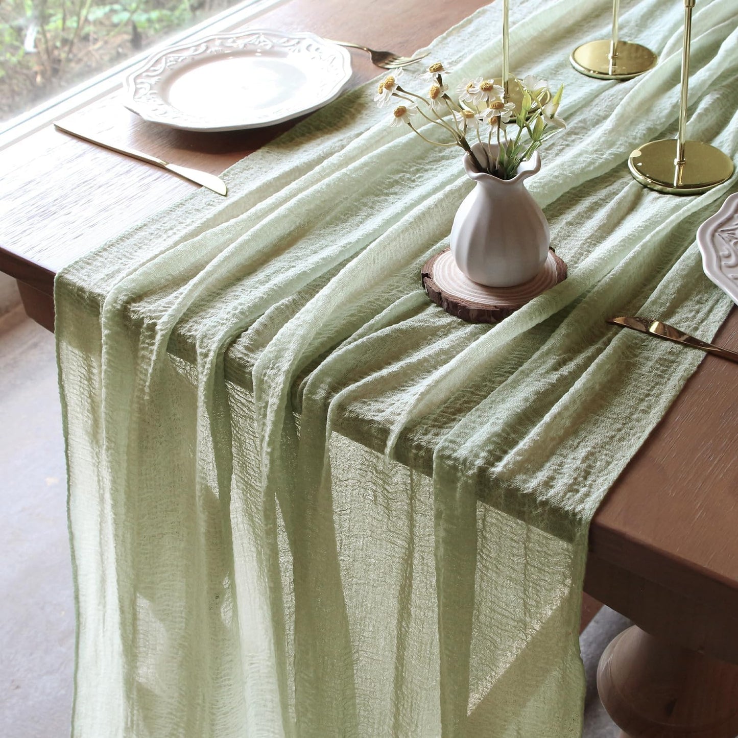 FEXIA Beige Cheesecloth Table Runner 35x120 Inches Ivory Gauze Rustic Boho Spring Easter Table Runner for Engagement Party Decorations Bridal Shower Wedding Party First Communion Centerpiece