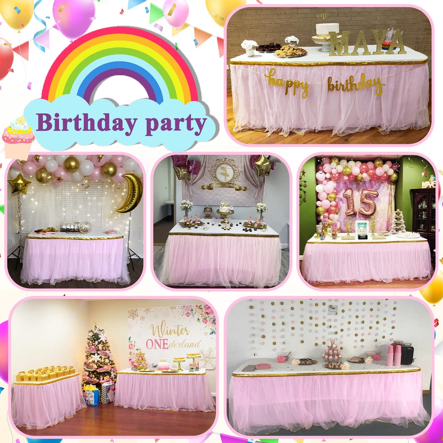 HB HBB MAGIC Pink Table Skirt Tulle Tutu Table Skirt for Rectangle Tables 6ft Girl Birthday Party Baby Shower Unicorn Decorations