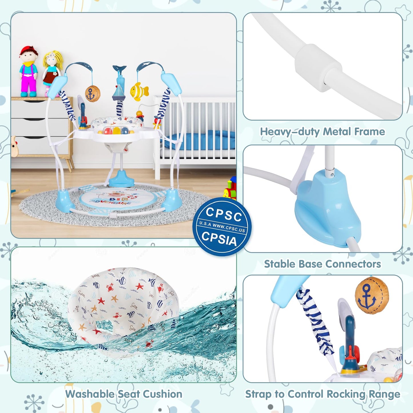 Baby Activity Center, 3-in-1 Baby Jumper, Infant Activity Center with 360° Rotating Seat, Music, Lights, 3 Adjustable Heights, Infant Activity Jumper for 6+ Months JP2401