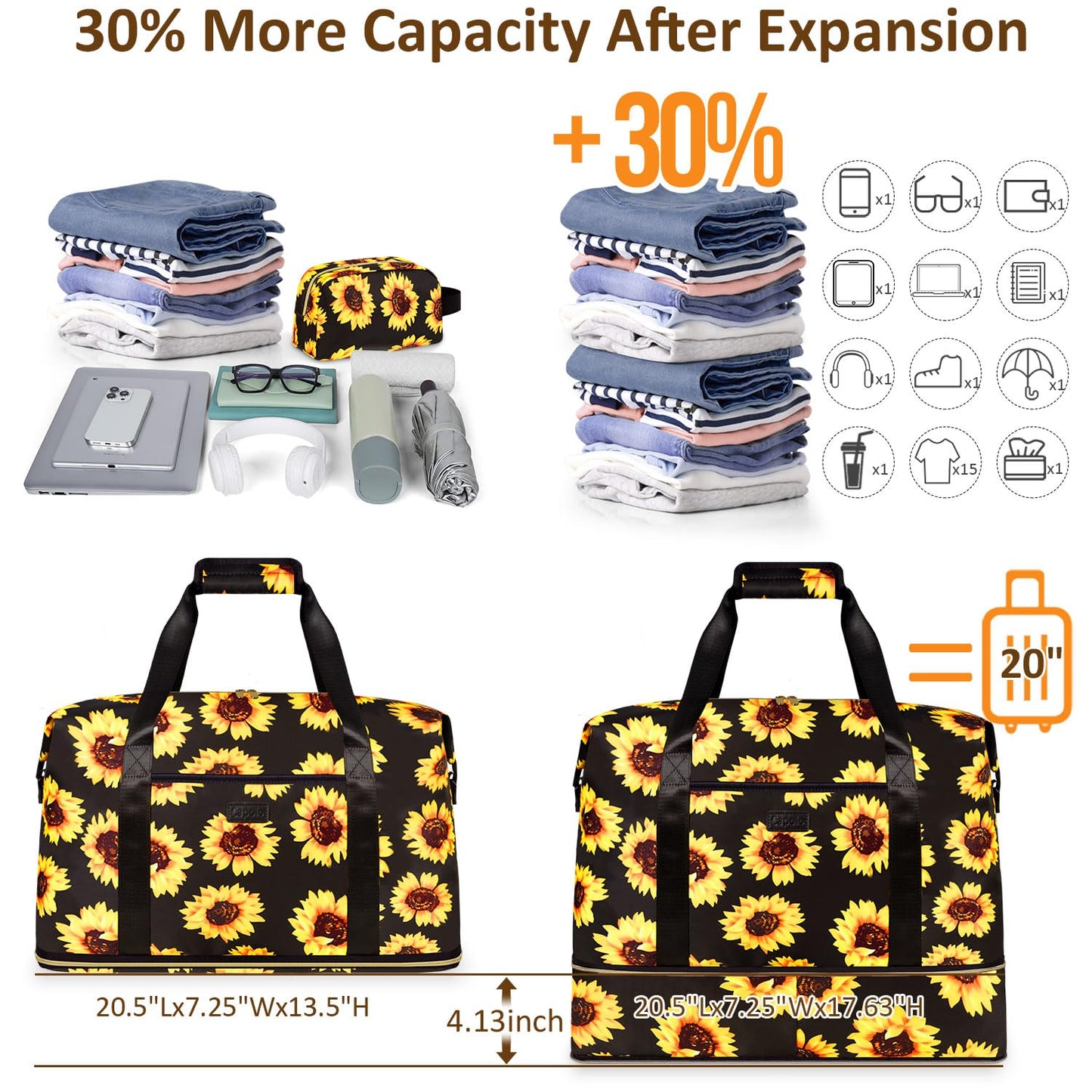Expandable Travel Duffle Bags Weekender Overnight Bags for Women Men Hospital Bag for Women Labor Delivery with Toiletry Bag Waterproof