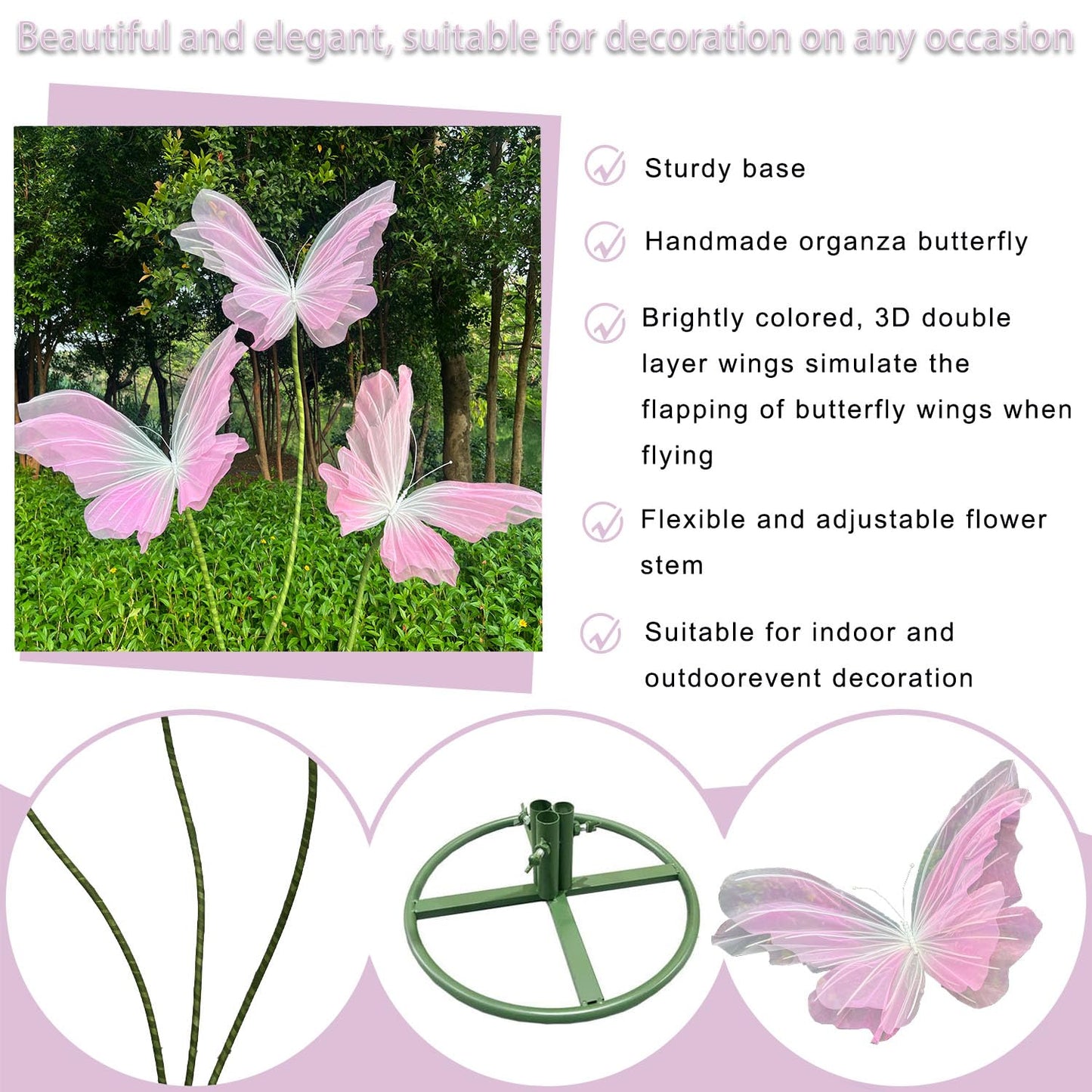3Pcs Giant Silk Butterfly Decorations, Large Butterflys Decoration with Standing Base, for Wedding Ceremony Birthday Party Baby Shower Church Backdrop Decoration Home Decor (Pink)