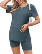 Ekouaer Maternity Sets 2 Piece Outfits Ribbed Knit Short Sleeve Shirts and Biker Shorts Pregnancy Loungewear Mama Clothes