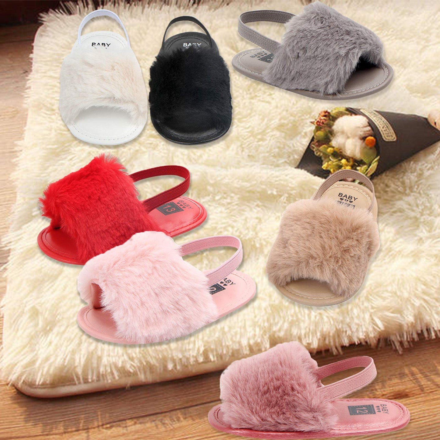 2 Pack Infant Baby Girls Sandals Elastic Back Strap Flats Slippers Soft Toddles Princess Shoes Faux Fur Slides Shoes First Walker House Shoes