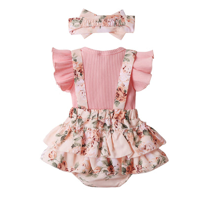 Newborn Baby Girl Clothes Infant Romper Floral Suspender Dress Ruffle Sleeve Onesie Outfit Jumpsuit Headband Spring Summer