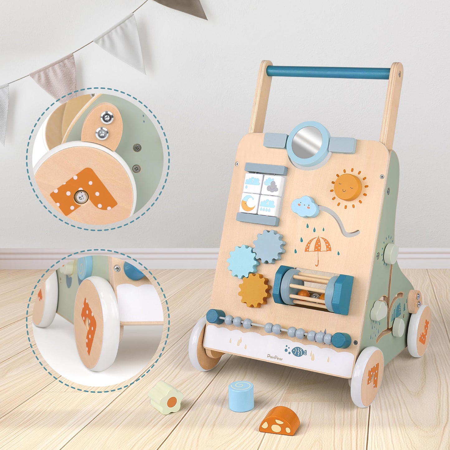 PairPear Wooden Baby Walker, Baby Push Walker, Montessori Walker Toy with Activity Center for Girls Boys, Adjustable Speed Baby Walker for Kids Development