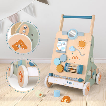 PairPear Wooden Baby Walker, Baby Push Walker, Montessori Walker Toy with Activity Center for Girls Boys, Adjustable Speed Baby Walker for Kids Development