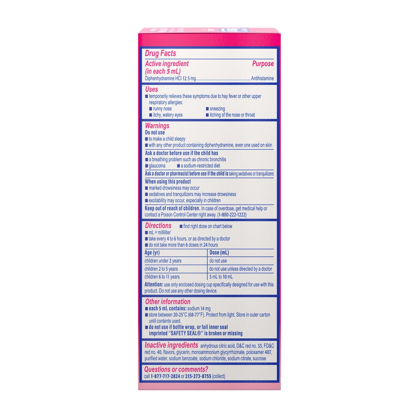 Benadryl Children's Dye-Free Allergy Relief Liquid + 12.5 mg Diphenhydramine HCl, Antihistamine Allergy Medicine for Kids Helps Relieve Runny Nose & Sneezing, Bubble Gum Flavor, 8 fl. oz