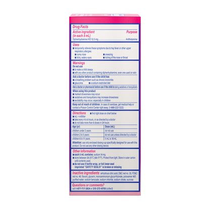 Benadryl Children's Dye-Free Allergy Relief Liquid + 12.5 mg Diphenhydramine HCl, Antihistamine Allergy Medicine for Kids Helps Relieve Runny Nose & Sneezing, Bubble Gum Flavor, 8 fl. oz