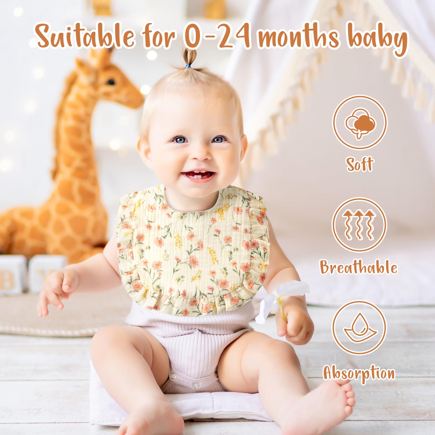 Zainpe 5Pcs Snap Muslin Cotton Baby Drooling Bibs with Flounce Lace Absorbent Layers Soft Burp Cloths for Infant