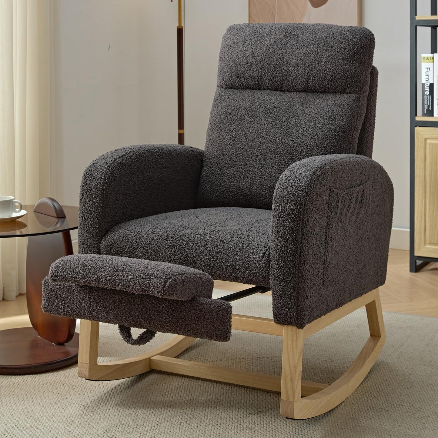 NIOIIKIT Modern Nursery Rocking Chair, Teddy Upholstered Rocking Chair with Footrest, Comfortable Glider Rocker with Side Pocket for Living Room, Bedroom, Nursing Room (Beige)