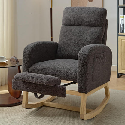 NIOIIKIT Modern Nursery Rocking Chair, Teddy Upholstered Rocking Chair with Footrest, Comfortable Glider Rocker with Side Pocket for Living Room, Bedroom, Nursing Room (Beige)