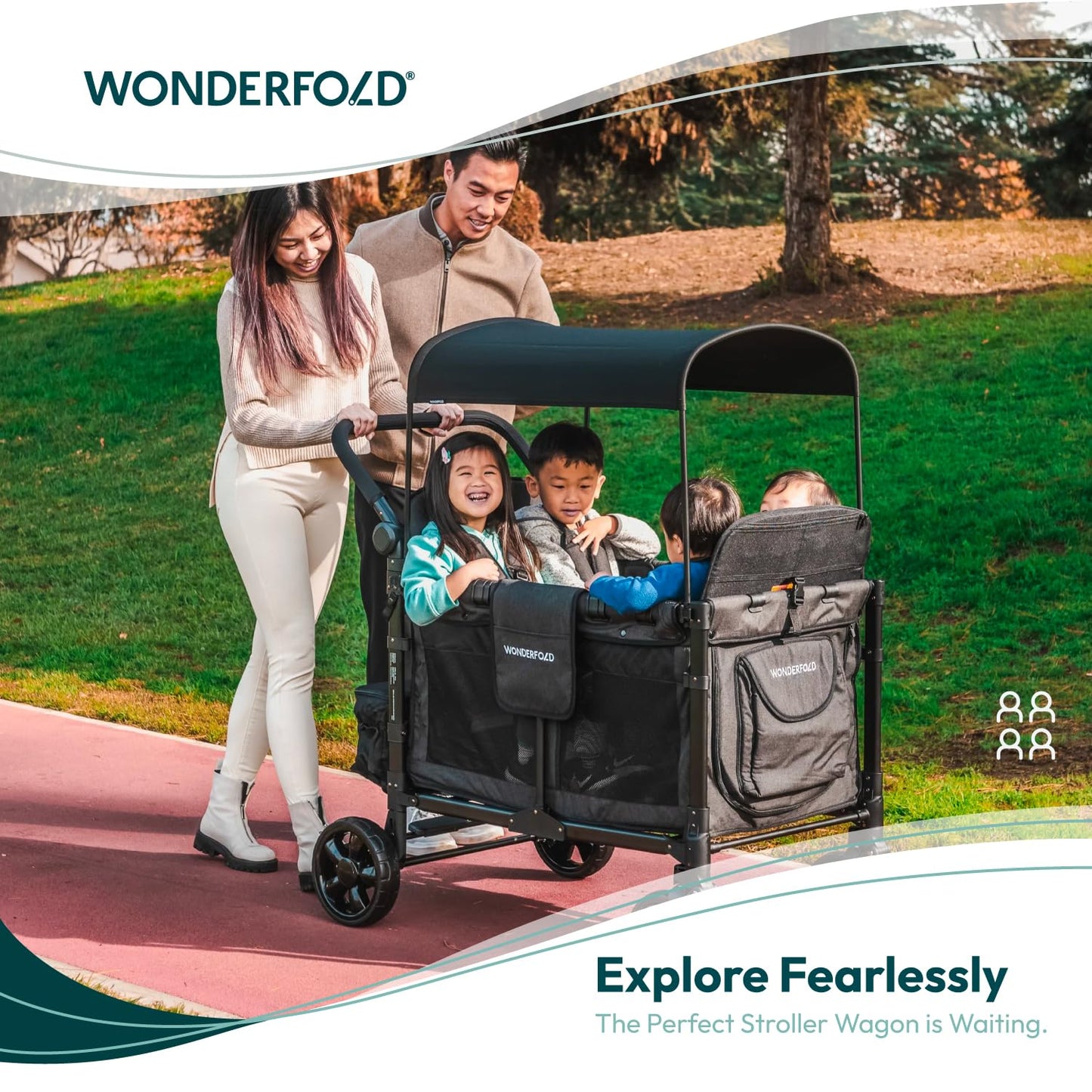 WONDERFOLD W4 Original Stroller Wagon (4 Seater) - Collapsible Wagon Stroller with Seats with 5-Point Harnesses, Easy Access Zipper Door, and Removable Sun Canopy, Black